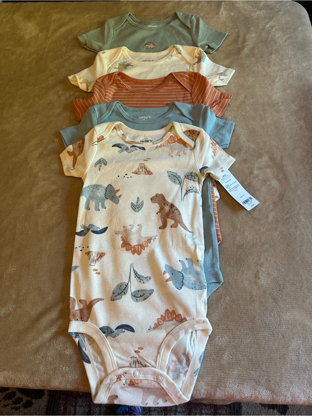 Carter's Baby Dinosaur Print Short Sleeve One-Piece Bodysuit - Cream & Blue Set